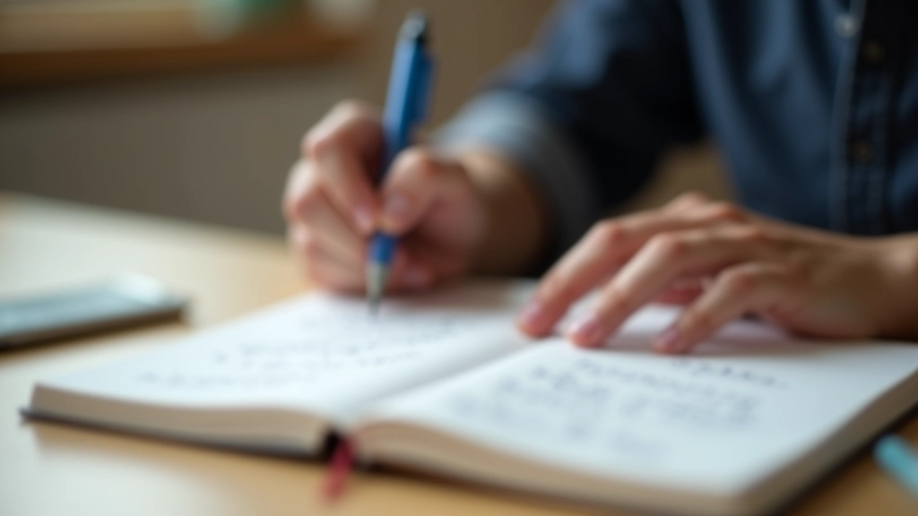 Mão a escrever num diário com caneta, página aberta mostrando notas manuscritas, caneta azul sobre papel branco