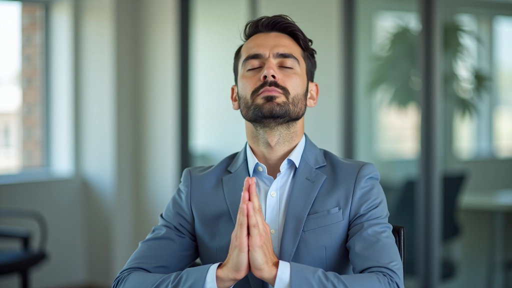 Homem praticando respiração num espaço de trabalho tranquilo durante o intervalo do almoço
