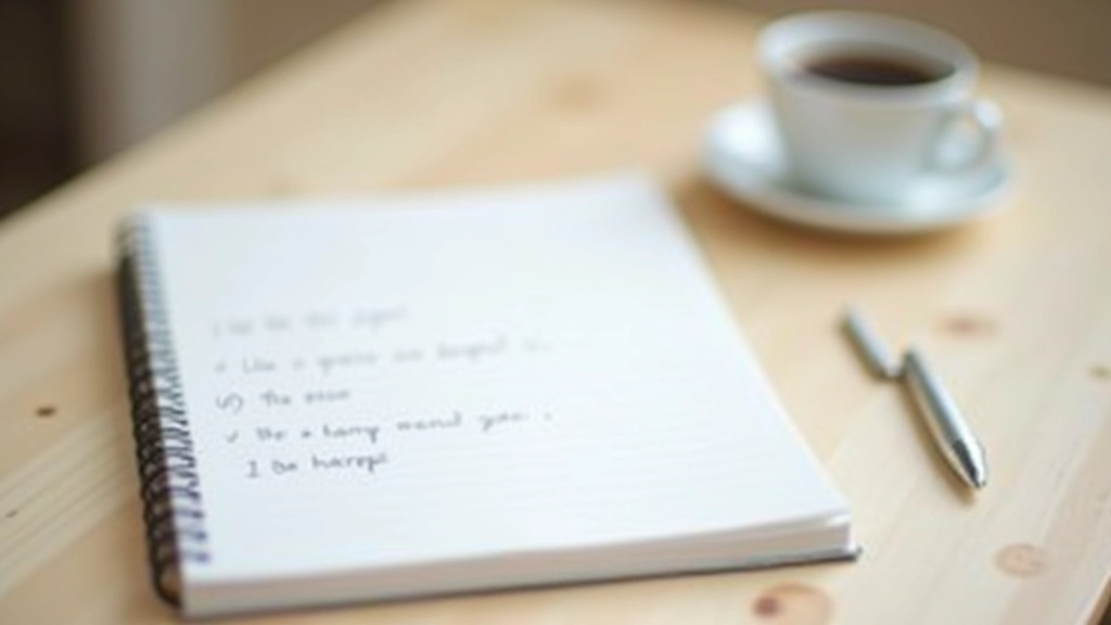 Caderno aberto com anotações manuscritas, caneta e xícara de café numa mesa de madeira clara