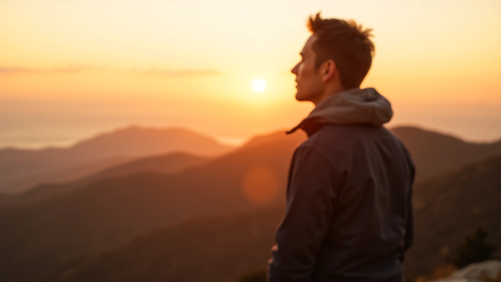 Pessoa a olhar para o horizonte ao pôr do sol, de pé numa montanha, expressão de paz e realização, vista panorâmica ao fundo